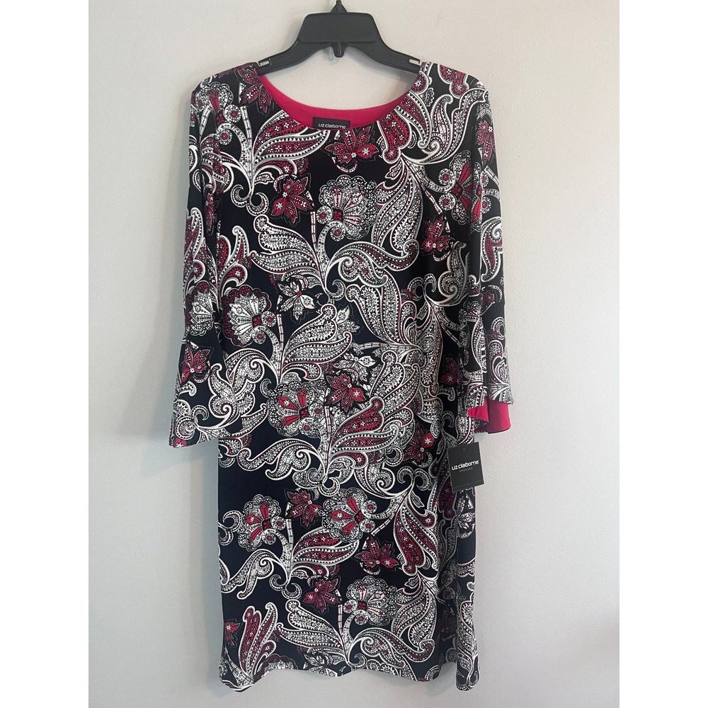 Liz Claiborne Women Black Red Paisley Bell Sleeve Sheath Dress 10 NEW 1801962L